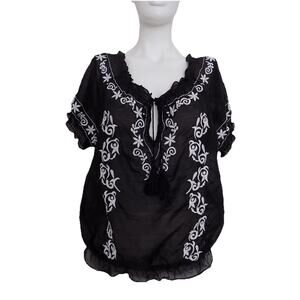 Cache embroidered blouse black shirt short sleeve silk blend size Medium